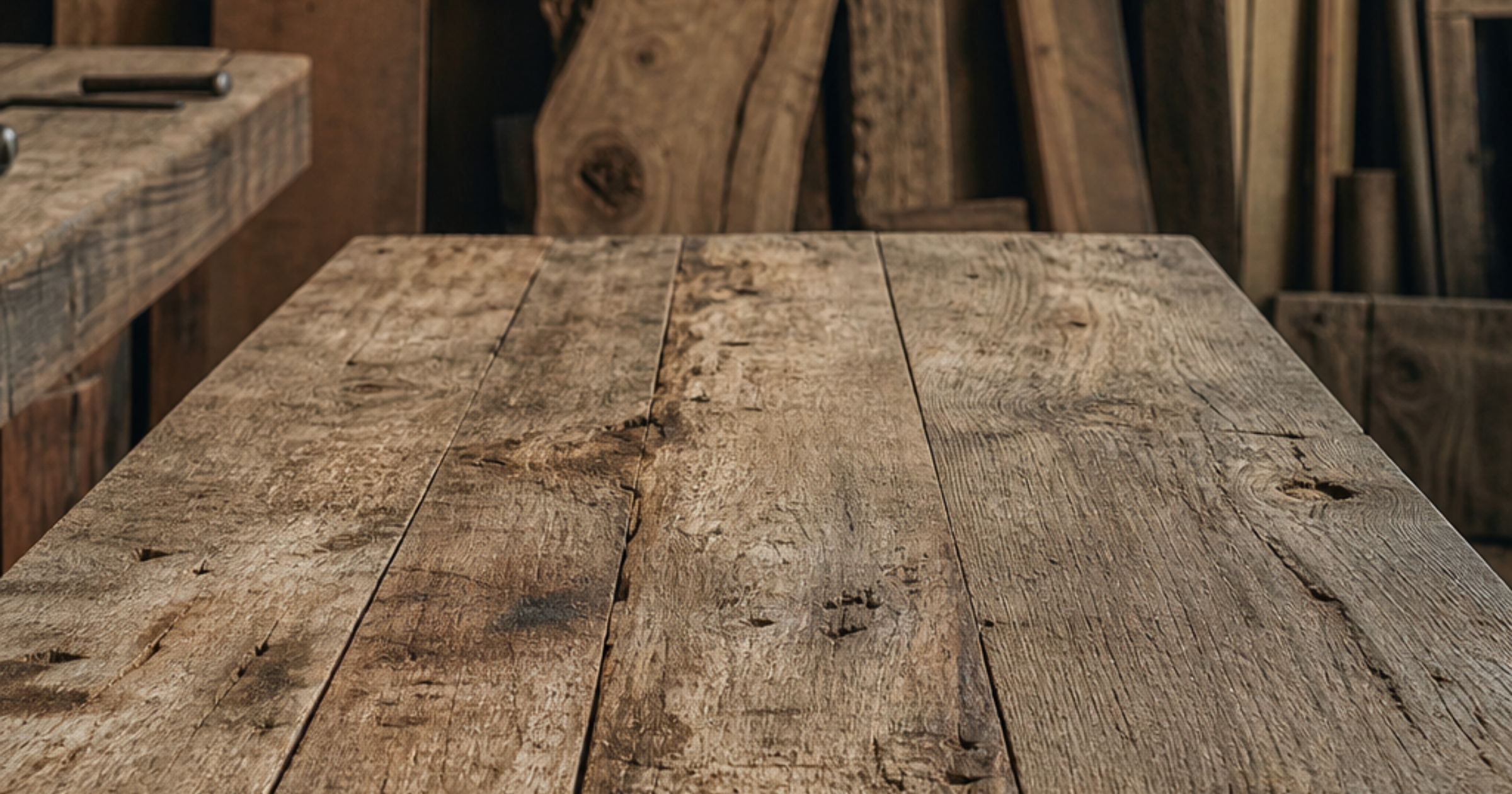 Tablas de madera recuperada con vetas y marcas naturales para fabricar muebles