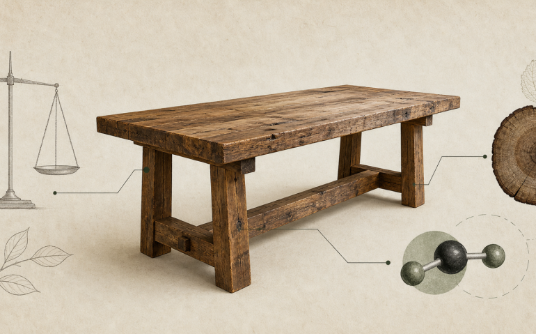 Mesa de madera recuperada junto a elementos de medición de carbono almacenado