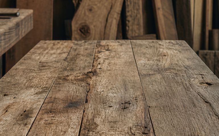 Tablas de madera recuperada con vetas y marcas naturales para fabricar muebles