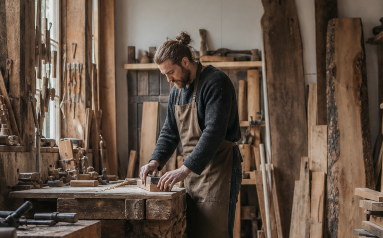 Artesano trabajando una pieza de madera recuperada en el taller